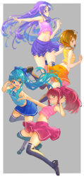 Rule 34 | 4girls, :p, aino megumi, aqua hair, aqua shirt, black footwear, black thighhighs, blue bow, blue eyes, blue skirt, bow, brown eyes, brown hair, closed mouth, collared shirt, commentary request, cropped shirt, floating, grey background, grin, hair bow, happinesscharge precure!, highres, hikawa iona, jj (ssspulse), long hair, looking at viewer, mary janes, matching outfits, medium hair, midriff, miniskirt, multiple girls, navel, oomori yuuko, open mouth, orange skirt, parted bangs, pink bow, pink shirt, pleated skirt, ponytail, precure, purple eyes, purple hair, purple shirt, red skirt, shirayuki hime, shirt, shoes, single horizontal stripe, skirt, sleeveless, sleeveless shirt, smile, striped clothes, striped shirt, thighhighs, tongue, tongue out, very long hair, yellow shirt