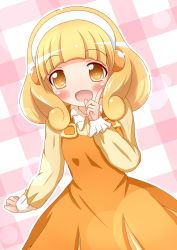 Rule 34 | 10s, 1girl, blonde hair, blush, checkered background, dress, hairband, highres, kise yayoi, open mouth, precure, short hair, smile, smile precure!, solo, white hairband, xenon (for achieve), yellow eyes