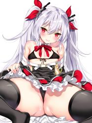 Rule 34 | 1girl, ass, azur lane, bare shoulders, belt, bikini, black bikini, black dress, black panties, black thighhighs, blush, bow, breasts, buckle, cameltoe, closed mouth, clothes lift, dress, dress lift, frills, front-tie bikini top, front-tie top, garter straps, hair between eyes, hair ribbon, headgear, kojima saya, lifting own clothes, long hair, looking at viewer, no shoes, off shoulder, panties, partially visible vulva, red bow, red eyes, red neckwear, red ribbon, ribbon, signature, simple background, sitting, skindentation, skirt, skirt lift, slit pupils, small breasts, smile, solo, spread legs, swimsuit, thighhighs, thighs, tsurime, twintails, underwear, vampire (azur lane), white background, white hair