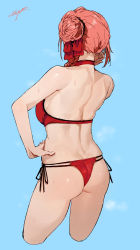 Rule 34 | 1girl, adjusting clothes, adjusting swimsuit, arisugawa natsuha, arm up, ass, back, bare back, bare shoulders, bikini, blue background, braid, braided ponytail, hair ornament, hair ribbon, halterneck, hand on own hip, hand on own face, highres, idolmaster, idolmaster shiny colors, long hair, orange hair, red bikini, red ribbon, ribbon, side ponytail, signo aaa, simple background, solo, steam, sweat, swimsuit