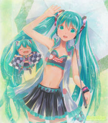 Rule 34 | 1girl, artist name, chibi, closed eyes, goodsmile company, goodsmile racing, green eyes, green hair, hatsune miku, long hair, mayo riyo, midriff, navel, open mouth, outstretched arms, race queen, racing miku, racing miku (2009), skirt, smile, spread arms, thighhighs, traditional media, twintails, umbrella, very long hair, vocaloid