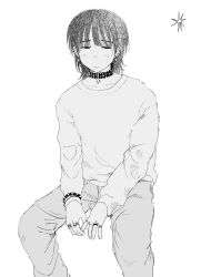 Rule 34 | 1boy, blunt bangs, blush, bracelet, collar, ear piercing, earrings, greyscale, highres, jewelry, long sleeves, looking to the side, male focus, medium hair, mohato official, monochrome, original, pants, piercing, ring, shirt, sitting, solo, spiked bracelet, spiked collar, spikes