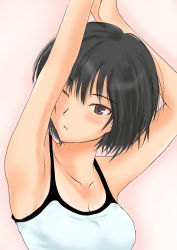 Rule 34 | 1girl, amagami, armpits, arms up, black hair, blush, bob cut, breasts, brown eyes, cleavage, gradient background, highres, murasaki iro, nanasaki ai, one eye closed, parted lips, pink background, short hair, solo, stretching, tan, tank top, tanline, white background, wink