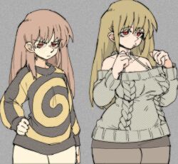 2girls black_pantyhose black_skirt black_sweater blonde_hair commentary english_commentary grey_background grey_sweater halterneck hand_on_own_hip highres long_hair miniskirt multiple_girls off-shoulder_sweater off_shoulder original pantsu-ripper pantyhose puckered_lips red_eyes red_hair skirt spiral sweater thick_thighs thighs v-shaped_eyebrows wide_hips