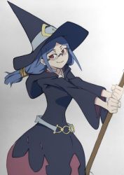 Rule 34 | 1girl, arai hiroki, belt, blue hair, broom, commentary request, glasses, hair tubes, hat, highres, holding, holding broom, little witch academia, long hair, looking to the side, red eyes, robe, scan, simple background, smile, solo, traditional media, ursula callistis, white background, white belt, wide sleeves, witch, witch hat