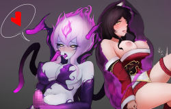 Rule 34 | 2girls, ahegao, ahri (league of legends), animal ears, black hair, black sclera, blue skin, breasts, breasts out, censored, colored sclera, colored skin, covered erect nipples, darkness, detached sleeves, evelynn (league of legends), fiery hair, fox ears, futanari, heart, highres, korean clothes, large breasts, league of legends, long hair, masturbation, multiple girls, navel, nipples, pingkypen, rope, sidelocks, slit pupils, tears, tentacles, tongue, tongue out, white hair, yellow eyes