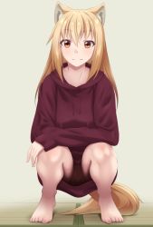 Rule 34 | 1girl, animal ears, blonde hair, bottomless, cleft of venus, hood, hoodie, original, partially visible vulva, pussy, solo, squatting, syatyo, tail, uncensored, yellow eyes