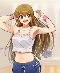 Rule 34 | 1girl, armpits, arms up, blouse, blue eyes, blue shorts, braid, braided ponytail, brown hair, camisole, commentary, crop top, dolphin shorts, idolmaster, idolmaster million live!, indoors, kamille (vcx68), kousaka umi, long hair, looking at viewer, midriff, open mouth, shirt, short shorts, shorts, side braids, smile, solo, sportswear, standing, sweatdrop, twin braids, white shirt, wristband