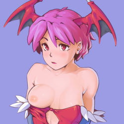 Rule 34 | arms behind back, bad id, bad pixiv id, bare shoulders, blush, breasts, collarbone, feathers, lilith aensland, nipples, one breast out, open mouth, purple hair, red eyes, self-upload, short hair, small breasts, solo, urumi1, vampire (game), wings