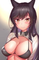 Rule 34 | 1girl, animal ears, artist name, atago (azur lane), azur lane, bikini, black hair, blush, breasts, cleavage, commentary request, highres, jacket, kaptivate, large breasts, long hair, looking at viewer, mole, mole under eye, ribbon, smile, solo, swept bangs, swimsuit, upper body, white jacket