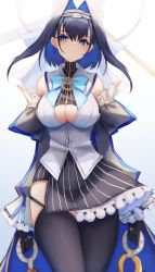 Rule 34 | 1girl, black gloves, blue eyes, blue hair, bow, bow earrings, breasts, cape, center opening, detached sleeves, dual wielding, earrings, gloves, hair intakes, highres, holding, hololive, hololive english, inre kemomimi, jewelry, large breasts, ouro kronii, ouro kronii (1st costume), skirt, striped clothes, striped skirt, thighhighs, virtual youtuber