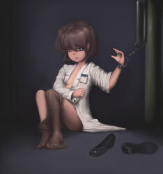 Rule 34 | 1girl, black footwear, blue eyes, bound, bound wrists, breasts, brown hair, clothes pull, coat, cuffs, female focus, haibara ai, handcuffed, handcuffs, heels, highres, knees up, lab coat, looking at viewer, meitantei conan, naked coat, name tag, open clothes, open coat, open mouth, pantyhose, pantyhose pull, shoes, unworn shoes, short hair, sitting, small breasts, solo, storm92, thighs, toes
