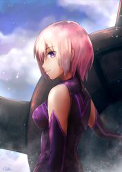 Rule 34 | 1girl, armor, armored dress, bare shoulders, breasts, closed mouth, deadspike nine, elbow gloves, fate/grand order, fate (series), from side, gloves, hair over one eye, highres, looking at viewer, mash kyrielight, pink hair, profile, purple eyes, purple gloves, shield, short hair, sleeveless, small breasts, smile, solo, upper body