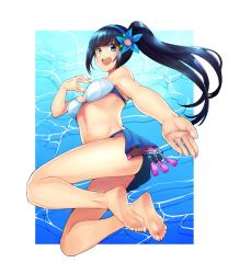 Rule 34 | 1girl, aoi ch., barefoot, bikini, blue eyes, blue hair, eiji (eiji), feet, fuji aoi, hairband, highres, long hair, looking at viewer, mole, open mouth, ponytail, soles, solo, swimsuit, toes, virtual youtuber