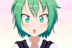 Rule 34 | 1girl, cato (monocatienus), chestnut mouth, close-up, commentary request, gradient background, green eyes, green hair, heart, heart background, looking at viewer, open mouth, pink background, portrait, shirt, short hair, simple background, solo, touhou, v-shaped eyebrows, white shirt, wing collar, wriggle nightbug