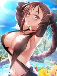 Rule 34 | 1girl, akuta hinako, armpits, arms behind head, ass, black-framed eyewear, black one-piece swimsuit, blush, braid, breasts, brown eyes, brown hair, choker, day, fate/grand order, fate (series), glasses, izumi akane, light smile, long hair, looking at viewer, o-ring, one-piece swimsuit, outdoors, sidelocks, solo, sunlight, swimsuit, very long hair, yu mei-ren (fate), yu mei-ren (festival outfit) (fate)