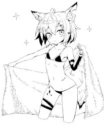 Rule 34 | 1girl, ahoge, animal ear fluff, animal ears, arknights, bikini, blush, breasts, closed mouth, collarbone, cropped legs, dusonson, ear piercing, fox ears, fox girl, fox tail, greyscale, groin, hair ornament, holding, holding towel, looking at viewer, material growth, mechanical arms, monochrome, navel, notched ear, oripathy lesion (arknights), piercing, prosthesis, prosthetic arm, scar, short hair, single mechanical arm, skindentation, small breasts, solo, sparkle, swimsuit, tail, thigh strap, towel, tsurime, vermeil (arknights), white background