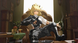 Rule 34 | 1girl, absurdres, alcohol, animal ear fluff, animal ears, arknights, armchair, artist name, asymmetrical clothes, backlighting, belt, black gloves, black nails, black pants, blonde hair, book, breasts, ceiling light, chair, cigar, clock, closed mouth, cup, fingerless gloves, gloves, grandfather clock, highres, holding, holding cup, indoors, large breasts, leg up, lion ears, long hair, long sleeves, looking at viewer, nail polish, official alternate costume, painting (object), pants, plant, ponytail, potted plant, shelf, shirt, short sleeves, siege (arknights), siege (city destroyer) (arknights), single glove, sitting, smoke, solo, table, weibo watermark, whiskey, white shirt, window, yellow eyes, ziyiganmu