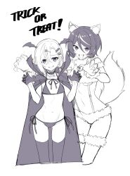 Rule 34 | 2girls, :d, animal costume, animal ear fluff, animal ears, bat hair ornament, bat ornament, bat wings, bell, bikini, black cloak, black gloves, black thighhighs, blush, bob cut, bow, breasts, choker, christina brecht, claw pose, claws, cloak, counter:side, cropped legs, crossed bangs, elbow gloves, english text, eyebrows hidden by hair, fangs, flat chest, food-themed hair ornament, fur-trimmed gloves, fur-trimmed thighhighs, fur bikini, fur collar, fur trim, gloves, grey eyes, grin, hair behind ear, hair between eyes, hair bow, hair ornament, half gloves, halloween, halloween costume, head wings, high collar, highres, jingle bell, light blush, looking at viewer, medium breasts, midriff, monochrome, multicolored hair, multiple girls, navel, neck bell, nervous smile, open mouth, parted bangs, pumpkin hair ornament, revenant (counter:side), short hair, side-tie bikini bottom, side ponytail, simple background, sketch, skull hair ornament, smile, streaked hair, supernew, suspenders, sweatdrop, swimsuit, swimsuit under clothes, tail, thighhighs, trick or treat, underboob, vampire costume, white background, white thighhighs, wings, wolf costume, wolf ears, wolf tail