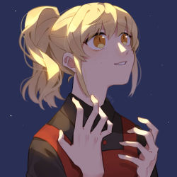 Rule 34 | 1girl, artist name, black shirt, blonde hair, collared shirt, curly hair, freckles, highres, katochuu, ponytail, rachel (tower of god), shadow, shirt, smile, solo, tower of god, yellow eyes
