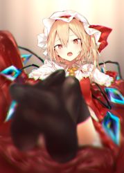 Rule 34 | 1girl, ascot, black thighhighs, blonde hair, blurry, blurry foreground, chromatic aberration, commentary request, couch, crystal, depth of field, fangs, feet, flandre scarlet, foot focus, foreshortening, frilled shirt collar, frills, hair between eyes, hat, hat ribbon, head tilt, highres, long hair, looking at viewer, lying, mob cap, no shoes, on back, one side up, open mouth, red eyes, red ribbon, red skirt, red vest, ribbon, sakusyo, skirt, skirt set, slit pupils, solo, thighhighs, thighs, touhou, vest, white hat, wings, yellow ascot