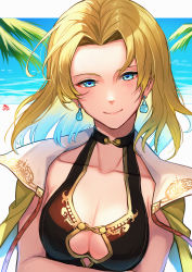 Rule 34 | 1girl, beach, blonde hair, blue eyes, blue hair, breasts, cleavage, closed mouth, earrings, fire emblem, fire emblem: the sacred stones, fire emblem heroes, gradient hair, hair intakes, highres, jewelry, looking at viewer, medium breasts, multicolored hair, nakabayashi zun, nintendo, ocean, parted bangs, selena (fire emblem: the sacred stones), selena (summer) (fire emblem: the sacred stones), short hair, smile, solo, swimsuit, swimsuit under clothes