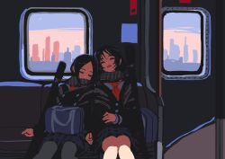 Rule 34 | 2girls, bag, bag on lap, black hair, black jacket, black scarf, black skirt, buttons, closed eyes, commentary request, double-breasted, grey legwear, highres, jacket, kaneni, multiple girls, neckerchief, open mouth, original, pantyhose, plaid, plaid skirt, red neckerchief, scarf, school bag, skirt, skyline, sleeping, train interior
