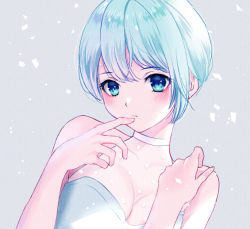 Rule 34 | 1girl, ashiyafuku, bad id, bad twitter id, blue eyes, blush, breasts, cleavage, enako (cosplayer), finger to mouth, looking at viewer, medium breasts, original, photo-referenced, real life, short hair, snowing, solo, white hair