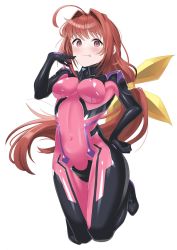 Rule 34 | 1girl, airborne, blush, bow, breasts, covered navel, finger to cheek, floating hair, fortified suit, hair bow, hair intakes, hand on own hip, highres, kagami sumika, long hair, looking at viewer, low ponytail, medium breasts, muv-luv, muv-luv alternative, open mouth, pilot suit, red eyes, red hair, shiragi9, skin tight, smile, solo, very long hair, white background, yellow bow