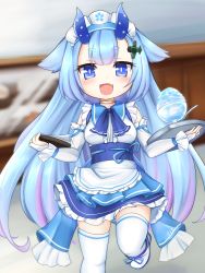 Rule 34 | 1girl, :d, absurdres, airplane hair ornament, alternate costume, apron, azur lane, bare shoulders, bill (object), blue eyes, blue hair, blue horns, blue ribbon, blue sailor collar, blunt bangs, blurry, blurry background, blush, breasts, commentary request, cowboy shot, detached sleeves, dress, enmaided, fang, frilled apron, frilled dress, frills, gold choker, gradient hair, hair between eyes, highres, holding, holding tray, horns, huge filesize, i-13 (azur lane), indoors, kinomiki nobori, long hair, looking at viewer, maid, maid apron, maid headdress, medium breasts, multicolored hair, obi, open mouth, purple hair, ribbon, sailor collar, sakura empire (emblem), sash, sidelocks, skin fang, skindentation, sleeveless, sleeveless dress, smile, solo, standing, standing on one leg, thick eyebrows, thighhighs, tray, two-tone hair, very long hair, white dress, white footwear, white sleeves, white thighhighs, wrist ribbon, zettai ryouiki