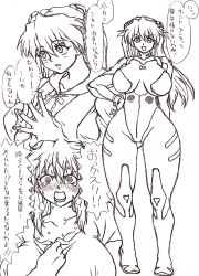Rule 34 | 1girl, alternate breast size, blush, bodysuit, breasts, embarrassed, full body, hair between eyes, hand on own hip, heavy breathing, highres, interface headset, large breasts, long hair, looking at viewer, monochrome, multiple views, neon genesis evangelion, open mouth, plugsuit, saliva, school uniform, simple background, souryuu asuka langley, sweat, tsundere, two side up, very long hair, wrato