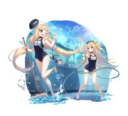 Rule 34 | absurdres, blue one-piece swimsuit, cleaning brush, counter:side, highres, neck bell, one-piece swimsuit, siblings, sisters, swimsuit, tagme, transparent background