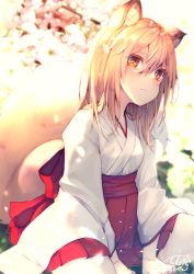 Rule 34 | 1girl, animal ear fluff, animal ears, backlighting, blurry, blurry background, blush, bow, breasts, brown hair, chita (ketchup), closed mouth, commentary request, depth of field, fox ears, fox girl, fox tail, hair between eyes, head tilt, highres, japanese clothes, kimono, long hair, long sleeves, original, pleated skirt, red bow, red eyes, red skirt, short eyebrows, signature, skirt, small breasts, solo, tail, tail raised, thick eyebrows, white kimono, wide sleeves