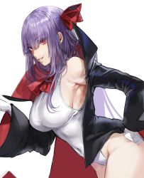 Rule 34 | 1girl, armpits, bare shoulders, bb (fate), bb (fate) (all), bb (swimsuit mooncancer) (fate), bb (swimsuit mooncancer) (third ascension) (fate), black coat, breasts, coat, colored eyelashes, covered navel, cowboy shot, fate/grand order, fate (series), from side, gloves, grin, hair between eyes, hair ribbon, half-closed eyes, halterneck, hand on own hip, high collar, highres, large breasts, leotard, leotard under clothes, long hair, long sleeves, looking at viewer, multicolored coat, nakeuna, neck ribbon, off shoulder, one-piece swimsuit, open clothes, open coat, popped collar, purple hair, red eyes, ribbon, sidelocks, simple background, smile, solo, swimsuit, thighs, very long hair, white background, white gloves, white one-piece swimsuit, wide sleeves