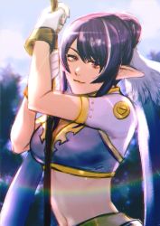 Rule 34 | 1girl, blue hair, breasts, closed mouth, gloves, judith (tales), long hair, looking at viewer, midriff, noie (neunteedelstein), pointy ears, smile, solo, tales of (series), tales of vesperia