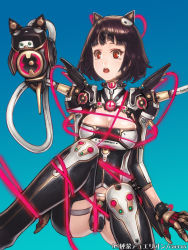 Rule 34 | 1girl, black hair, bound, breasts, cable, cleavage, copyright name, gradient background, junketsu duelion, large breasts, mana (remana), mecha musume, nekoya yume, official art, red eyes, robot ears, short hair, solo, tears, tied up, watermark