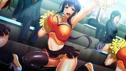Rule 34 | 3girls, armpits, bare arms, black hair, blush, bouncing breasts, breasts, cheerleader, covered erect nipples, game cg, green eyes, highres, kanzen jikan teishi, large breasts, legs, long hair, looking at viewer, loose socks, midriff, multiple girls, navel, no eyes, open mouth, outdoors, outstretched arm, panties, public indecency, satsuki shiho, shoes, sitting, skirt, sleeveless, sneakers, socks, sweat, thighhighs, thighs, unaligned breasts, underwear, uo denim, yellow panties