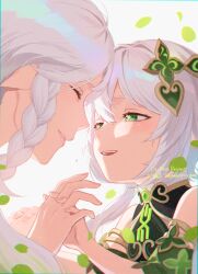 Rule 34 | 2girls, artist name, braid, cross-shaped pupils, crying, crying with eyes open, detached sleeves, dress, forehead-to-forehead, genshin impact, gold trim, green eyes, green sleeves, hair between eyes, hair ornament, heads together, highres, interlocked fingers, long hair, looking at another, multiple girls, nahida (genshin impact), nekomata nyanko, open mouth, pointy ears, rukkhadevata (genshin impact), side braid, smile, symbol-shaped pupils, tears, upper body, white background, white dress, white hair