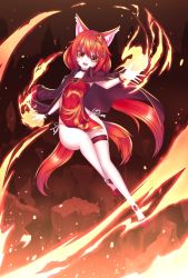 Rule 34 | animal ears, cape, child, chinese clothes, fire, fox ears, fox tail, hair ornament, jtaro, legs, looking at viewer, miho (talesrunner), orange eyes, pointy ears, red hair, shoes, smile, tail, talesrunner