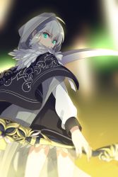 Rule 34 | 1girl, add (fate), ahoge, cape, cloak, closed mouth, commentary request, echo (circa), fate/grand order, fate (series), fur-trimmed cloak, fur trim, gray (fate), green eyes, grey hair, holding, holding scythe, holding weapon, hood, hood up, hooded cloak, looking at viewer, lord el-melloi ii case files, miniskirt, ribbon, scythe, short hair, skirt, solo, weapon, white ribbon