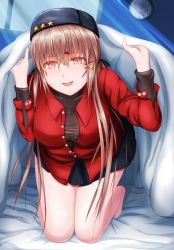 Rule 34 | 1girl, black skirt, blanket, blush, breasts, brown hair, fur hat, hair between eyes, hair ornament, hairclip, hat, highres, kantai collection, large breasts, long hair, long sleeves, looking at viewer, miniskirt, moonlight, open mouth, papakha, pleated skirt, red eyes, red shirt, sabakuomoto, shirt, skirt, smile, solo, star (symbol), tashkent (kancolle), under covers, watch