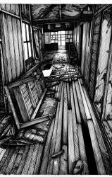 Rule 34 | abandoned, absurdres, cluseller, greyscale, highres, huge filesize, indoors, letterboxed, monochrome, no humans, original, roomscape, rubble, scenery, table, traditional media, window, wooden floor