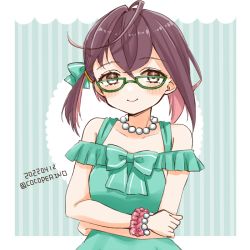 Rule 34 | 1girl, adapted costume, alternate costume, aqua dress, blue-framed eyewear, bracelet, brown hair, cocoperino, commentary request, dated, dress, glasses, green eyes, jewelry, kantai collection, multicolored hair, necklace, okinami (kancolle), one-hour drawing challenge, pearl necklace, pink hair, short hair, sleeveless, sleeveless dress, smile, solo, twitter username, upper body