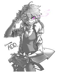 Rule 34 | 1boy, absurdres, add (elsword), bad id, bad pixiv id, bracelet, character name, choker, copyright name, cowboy shot, elsword, evil smile, eye trail, greyscale, grin, hand on own head, highres, hood, hoodie, jewelry, light trail, male focus, messy hair, monochrome, power symbol, purple eyes, quai (hbee), shirt, smile, solo, spot color, symbol-shaped pupils, teeth, tracer (elsword), transparent background, white background