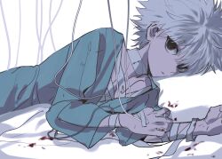 Rule 34 | 1boy, bandages, bed, blood, closed mouth, highres, hospital, hospital bed, hospital gown, hunter x hunter, indoors, intravenous drip, killua zoldyck, looking at viewer, lying, male focus, pillow, shenshan laolin, short hair, white hair