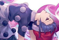 Rule 34 | 1girl, ainy, arched back, bad id, bad pixiv id, blob, blue eyes, blue hair, blue sclera, colored sclera, doremy sweet, dream soul, dress, from side, hat, looking up, matching hair/eyes, nightcap, parted lips, pom pom (clothes), profile, short hair, solo, touhou