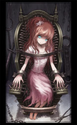 Rule 34 | 1girl, aqua eyes, bdsm, bondage, bound, bound legs, bound torso, bound wrists, chain, chair, female focus, from above, hair ornament, highres, legs together, light smile, masochism, no lineart, original, red hair, sitting, solo, spikes, sword, torture, ume (illegal bible), weapon
