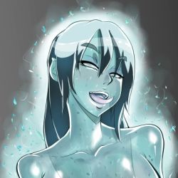 Rule 34 | 1girl, alpha-152, aura, bad deviantart id, bad id, black hair, blue skin, collarbone, colored skin, dead or alive, deeezel, licking lips, long hair, lowres, monster girl, naughty face, slime girl, solo, tongue, tongue out, upper body
