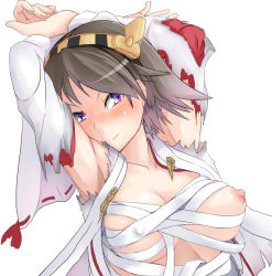 Rule 34 | 10s, 1girl, 2-kai no rinjin, arms up, bad id, bad pixiv id, blush, breasts, brown hair, detached sleeves, hairband, headgear, hiei (kancolle), japanese clothes, kantai collection, large breasts, looking at viewer, nipples, personification, purple eyes, short hair, smile, solo