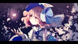 Rule 34 | 1girl, blue hat, blue kimono, blue ribbon, cake mogo, cherry blossoms, closed mouth, commentary, dark background, flower, glowing, hat, japanese clothes, kimono, letterboxed, medium hair, mob cap, neck ribbon, petals, pink eyes, pink flower, pink hair, ribbon, saigyouji yuyuko, solo, symbol-only commentary, touhou, triangular headpiece, upper body, wide sleeves